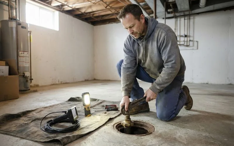 A plumber kneeling beside an open floor drain cleanout in a residential basement, working with cabled equipment